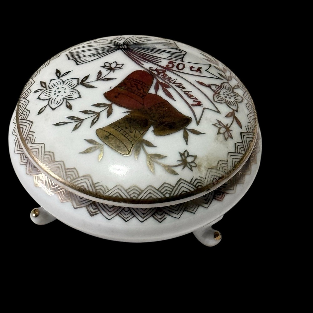 Vtg MCM Norcrest Fine China 50th Anniversary Footed Trinket Box Gold & White‎